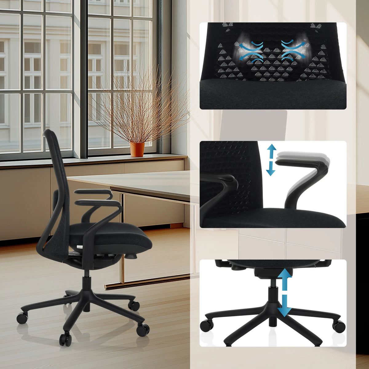 Breathable backrest, height-adjustable armrests and gas lift of the High End Office Chair VERVIO by hjh OFFICE