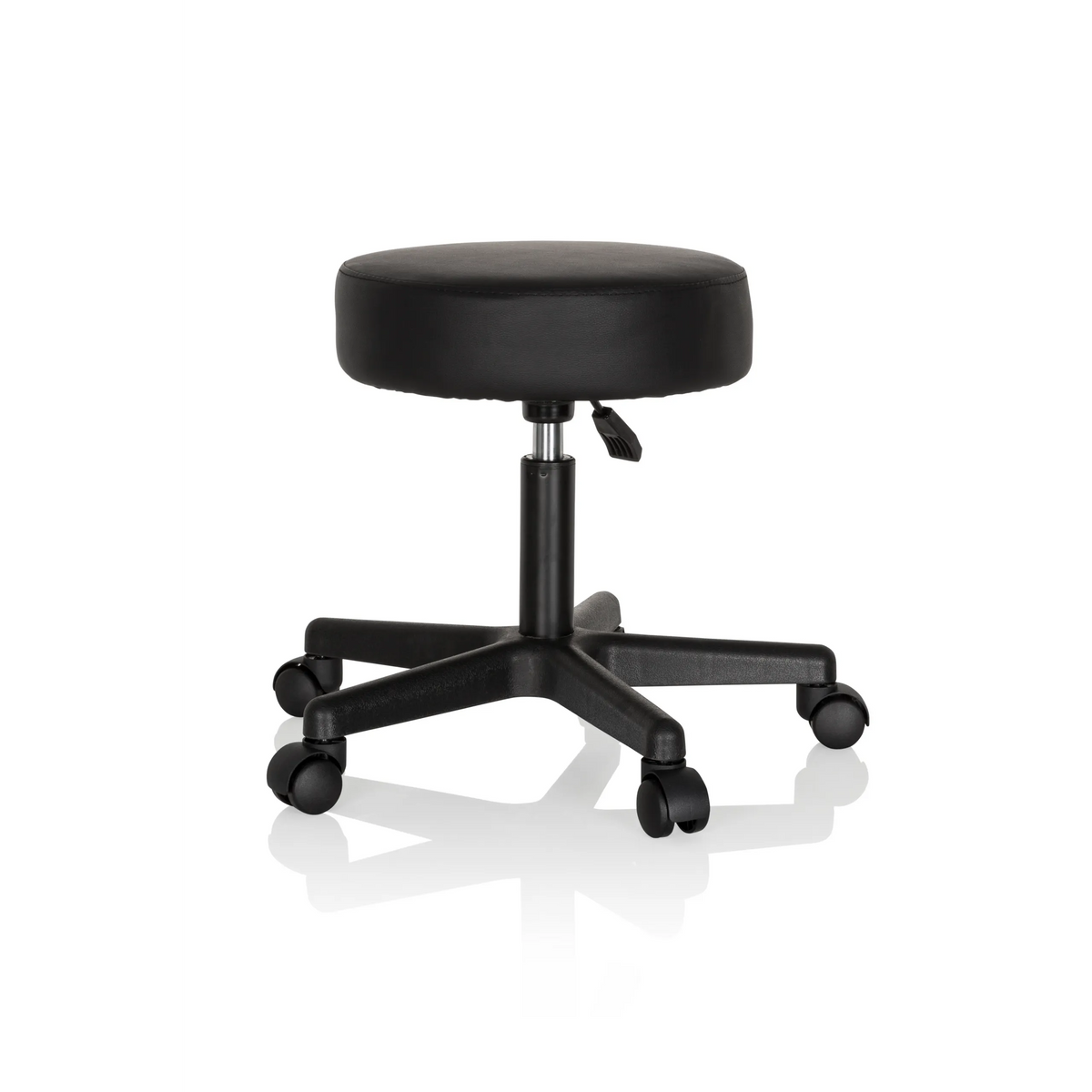 Black Swivel stool OPERATOR I with padded seat and five-caster base by hjh OFFICE – 360-degree view (front three-quarter view 60°)