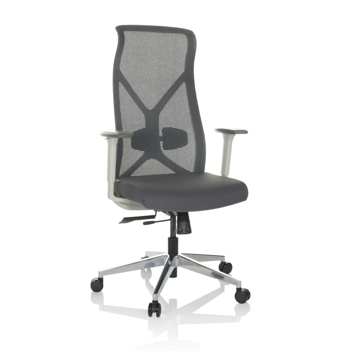 Grey Professional Office Chair AZURRO WHITE with mesh back and five-caster base by hjh OFFICE – 360-degree view (front view 15°)