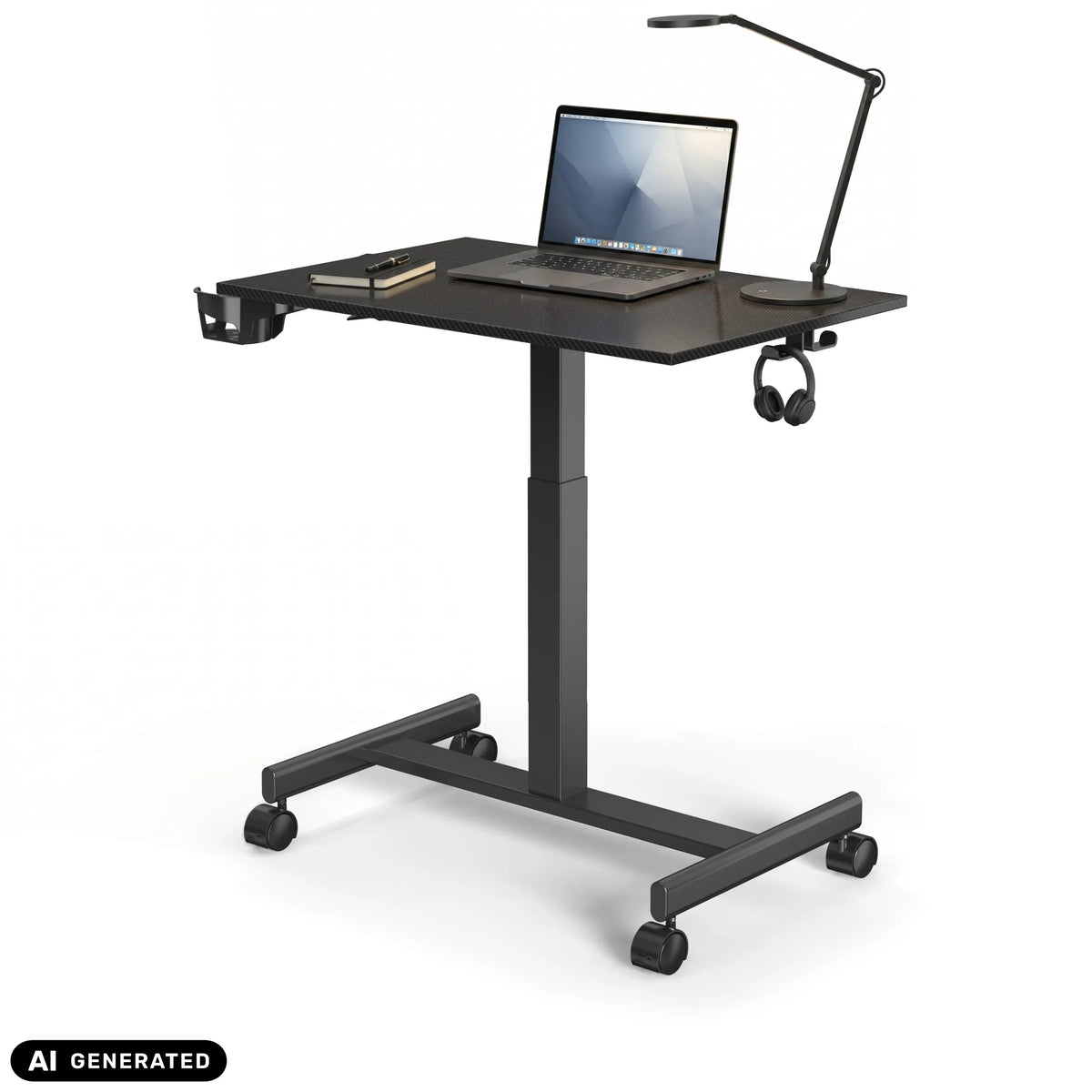 Black Stand K standing desk on castors with laptop and desk lamp by hjh OFFICE (AI-generated image)