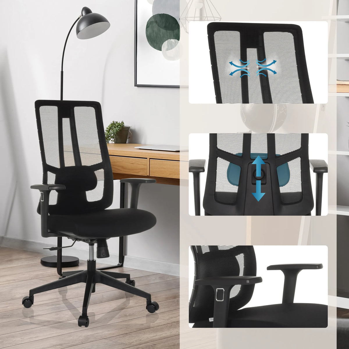 Black padded Professional Office Chair TRAMORE BASE with mesh back and adjustable lumbar support by hjh OFFICE