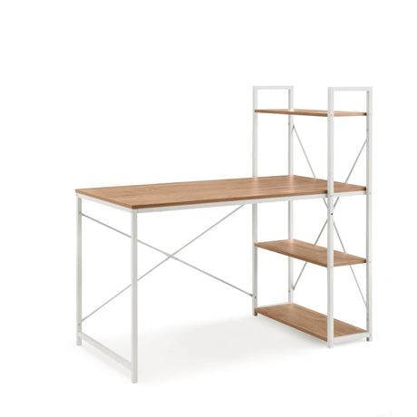 Office Desk Easy Up3 in white and oak with integrated three-tier shelf by hjh LIVING