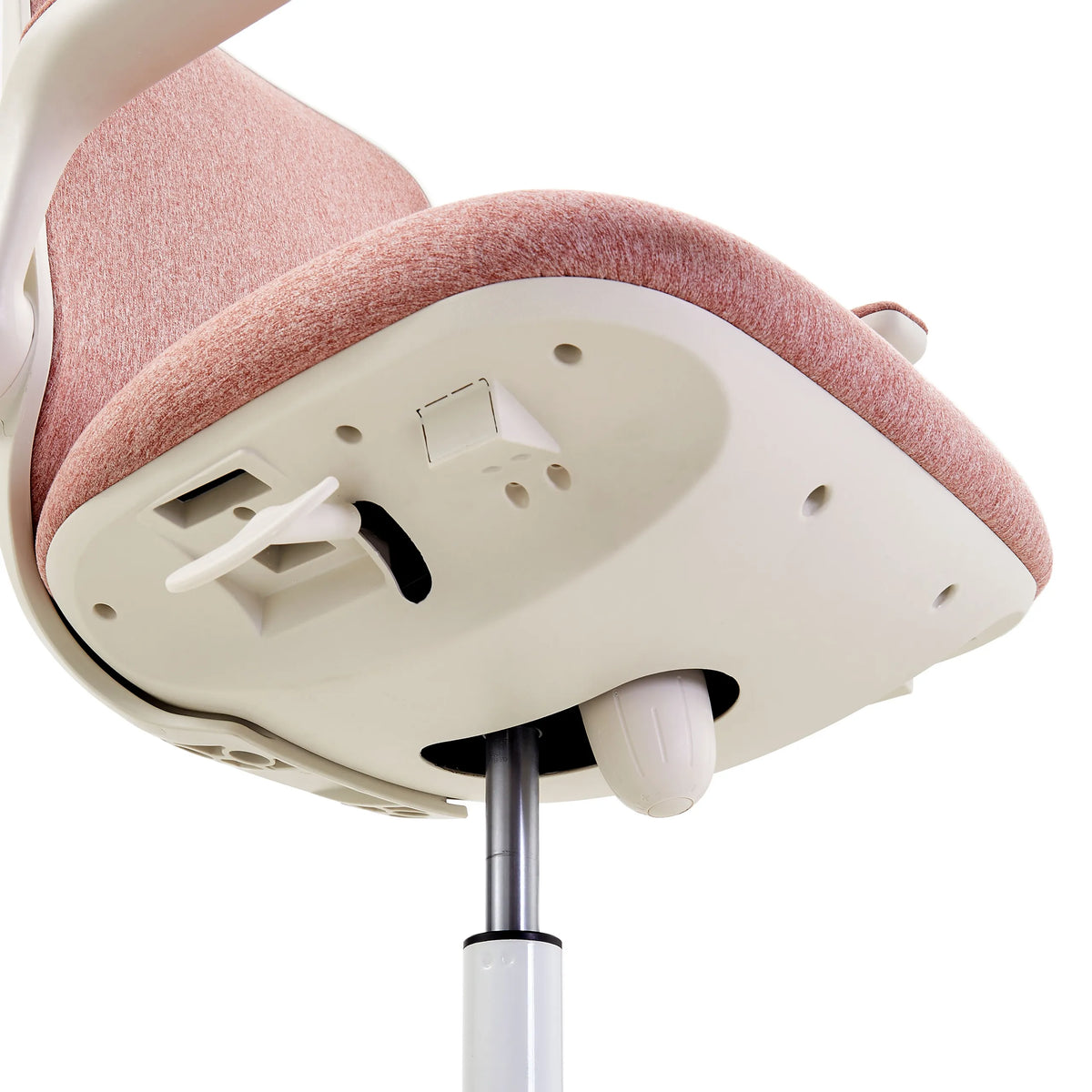 Underside of the seat with adjustment lever and gas spring of the Swivelo children's swivel chair in pink by hjh OFFICE