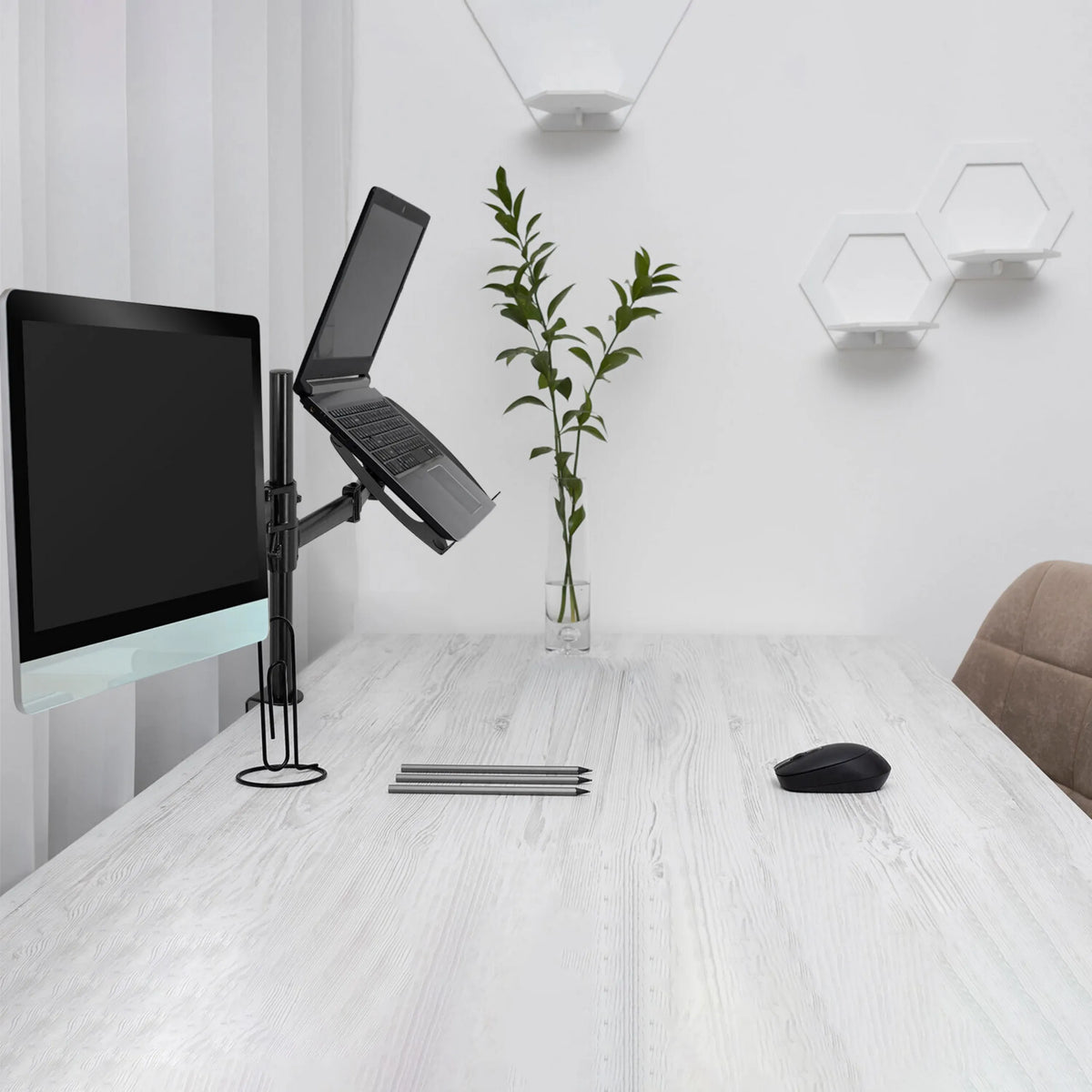 Black Monitor Mount VM-MH2 with a monitor and a laptop on a white desk by hjh OFFICE