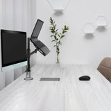 Black Monitor Mount VM-MH2 with a monitor and a laptop on a white desk by hjh OFFICE