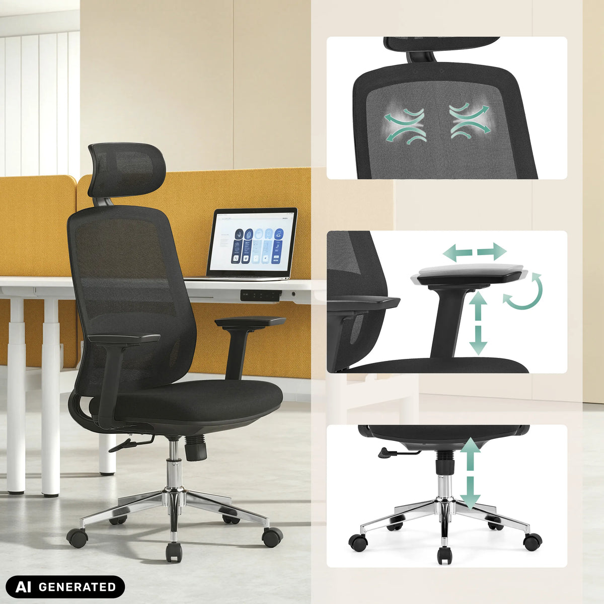 Professional Office Chair Ergosento in black with adjustable headrest and armrests by hjh OFFICE (AI-generated image)