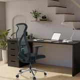 Black Professional Office Chair AZURRO B with mesh backrest and armrests in front of a desk by hjh OFFICE