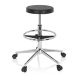 Black Swivel stool TOP WORK 14 I with foot ring and five-caster base by hjh OFFICE – 360-degree view (front three-quarter view 40°)