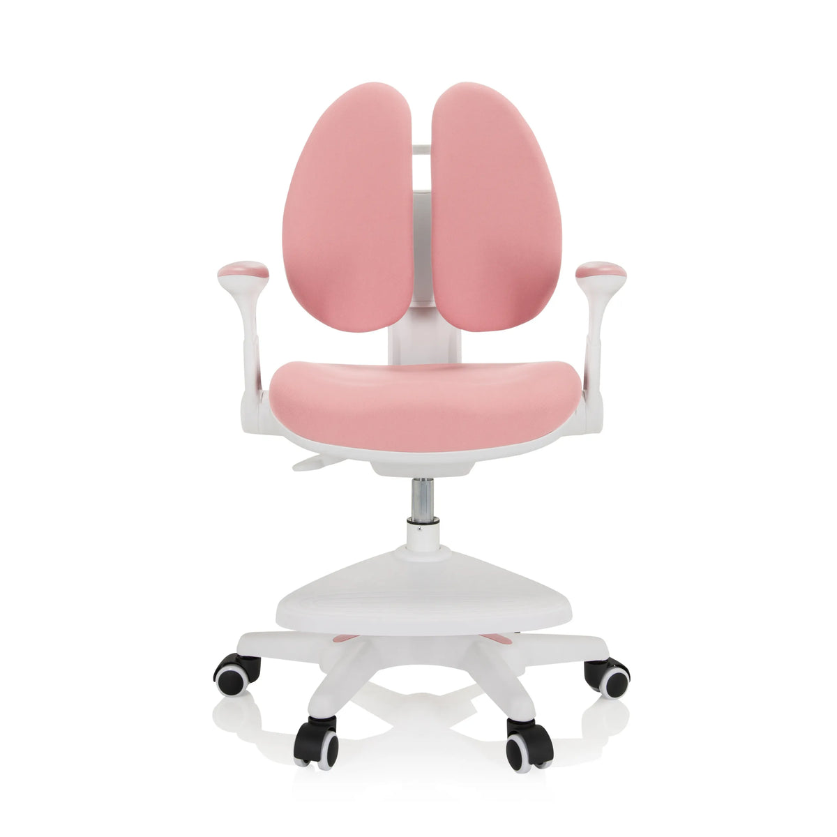 Pink children's chair KID WING with split backrest and white five-caster base by hjh OFFICE – 360-degree view (front view 0°)