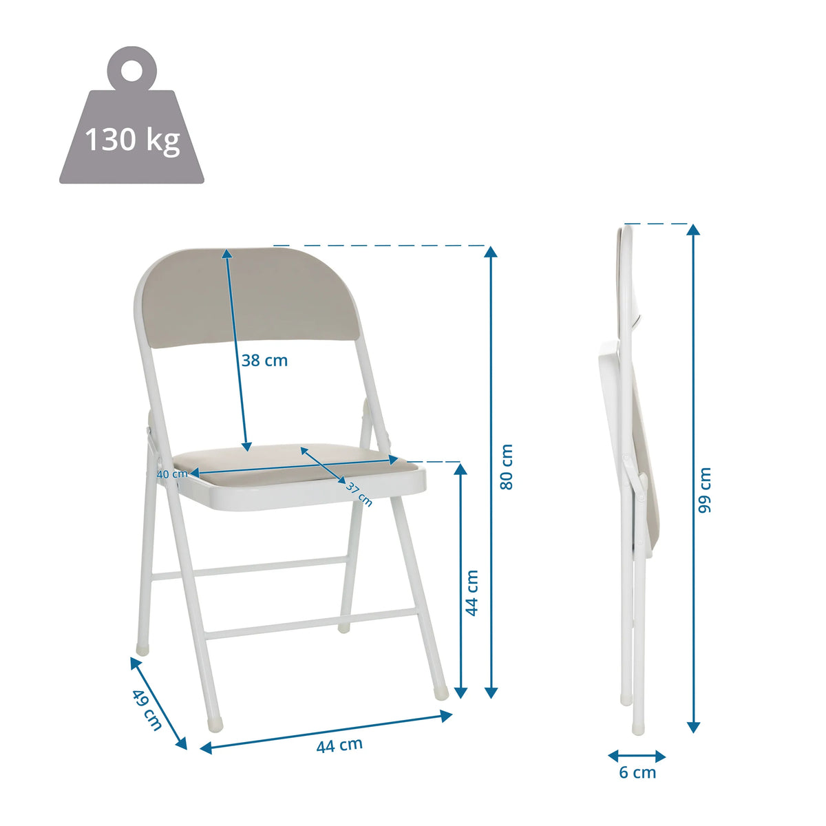 Dimensional drawing of the Folding chair TUDELA W with a total height of 99 cm and a load capacity of 130 kg by hjh OFFICE