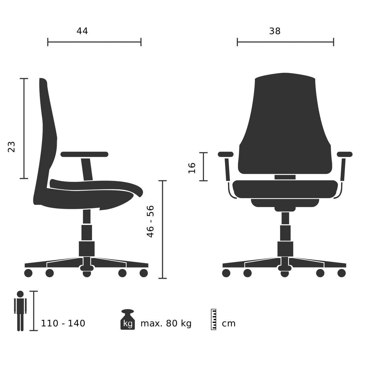 Technical drawing of the Swivel Chair – Children KID TEDDY with a maximum load capacity of 80 kg by hjh OFFICE