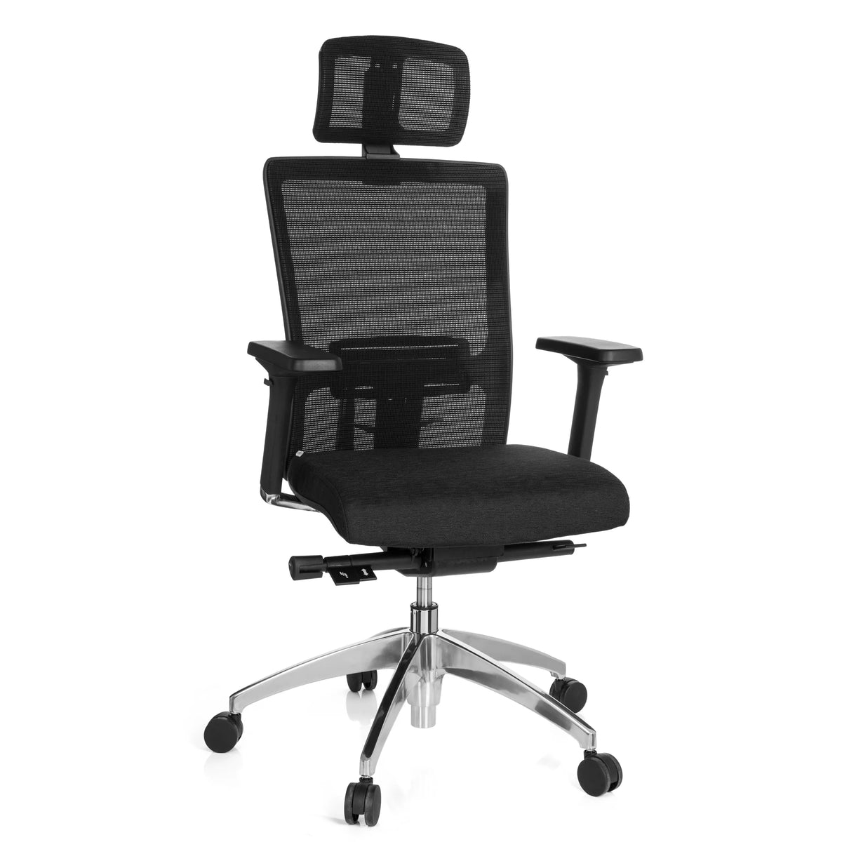Black Professional Office Chair ASTRA LUX with mesh back, headrest and five-caster base by hjh OFFICE – 360-degree view (front view 20°)