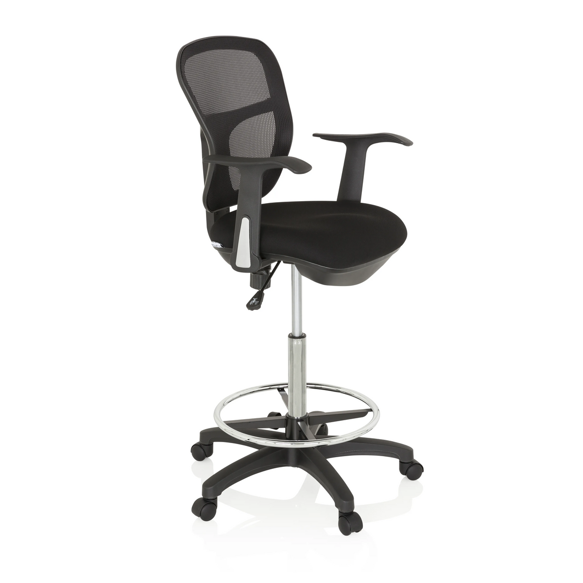 Black Counter chair TOP WORK 108 with mesh back, foot ring and five-caster base by hjh OFFICE – 360-degree view (front three-quarter view 60°)