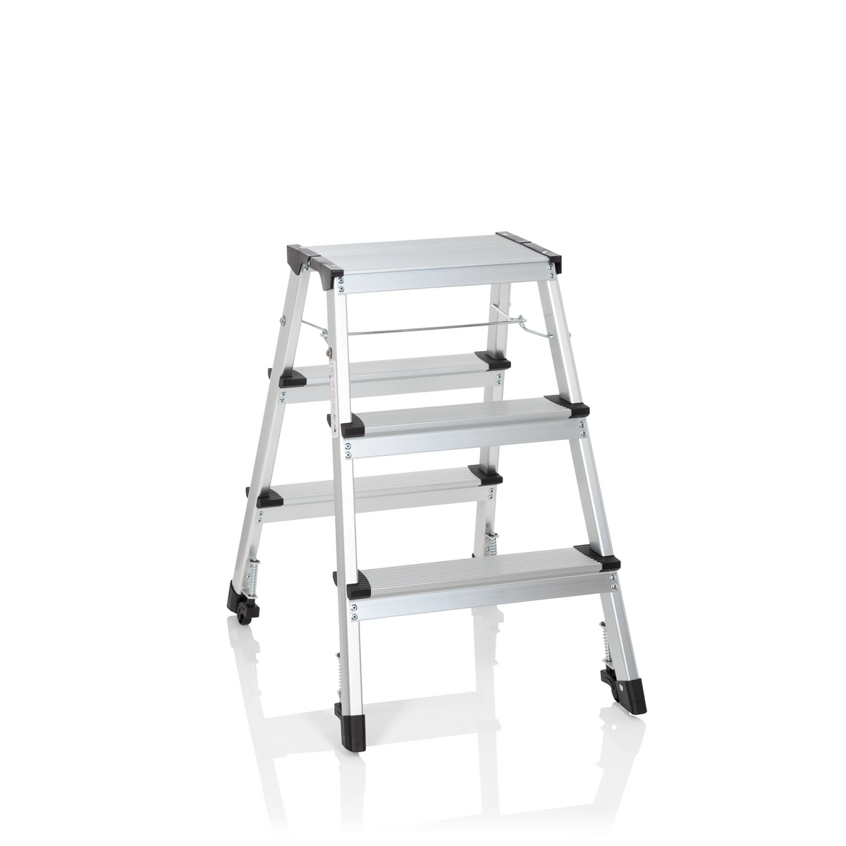 Silberne Klappleiter SOLID IV aus Aluminium mit drei Stufen von hjh OFFICE – 360-Grad-Ansicht (Frontansicht 20°)