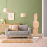 Beige partition wall FLEXMIUT W with three rounded wooden elements on a white base by hjh OFFICE