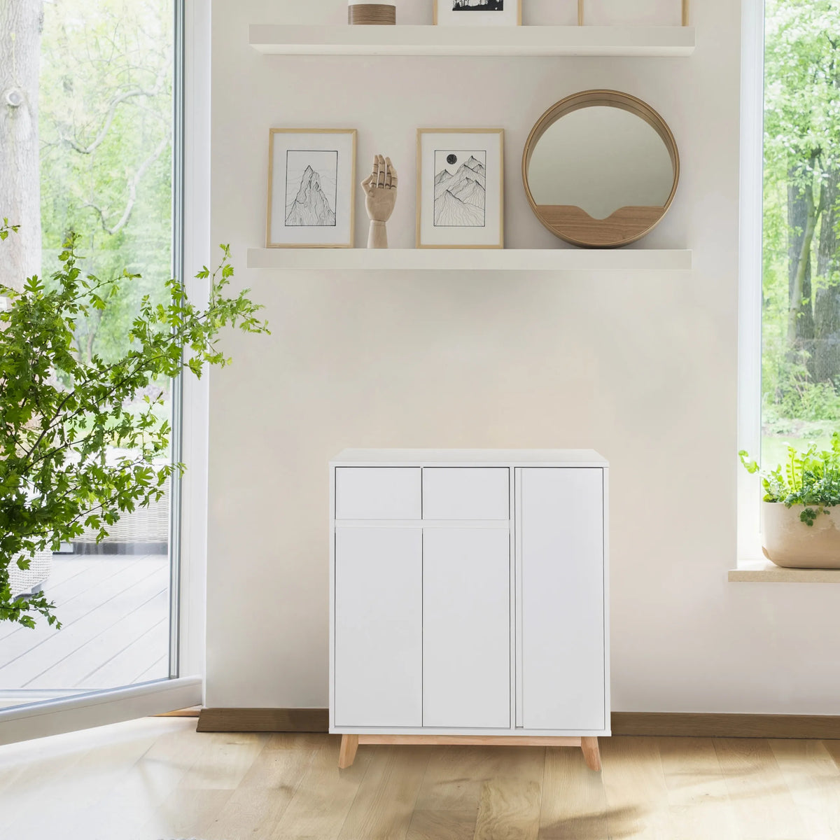 White chest of drawers ESTHA with two drawers and two doors on light wood legs by hjh LIVING