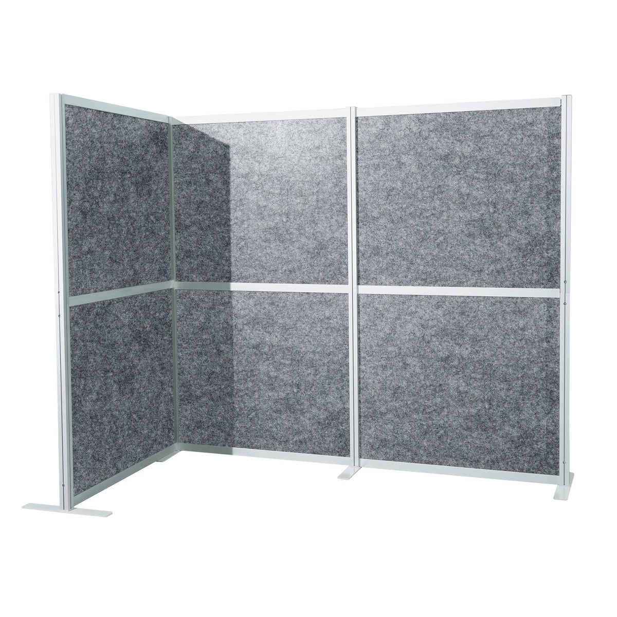 Graue Trennwand Flexmiut Modul L mit filzartiger Oberfläche und silbernem Aluminiumrahmen von hjh OFFICE