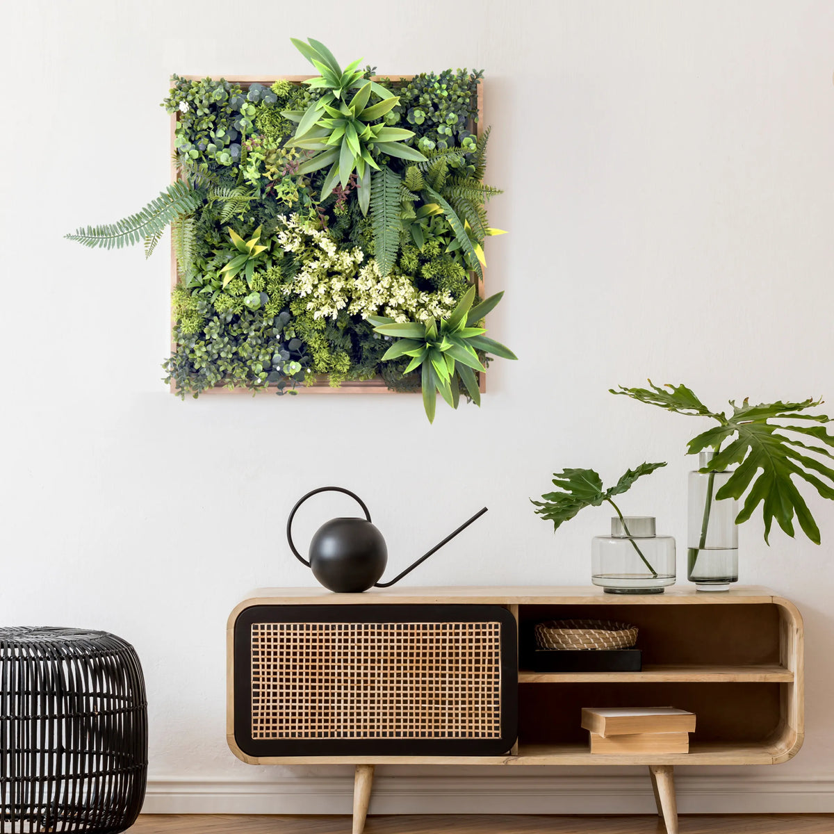 Green Plant mat LEAFLUXE WALL 1 with various mosses and ferns in a wooden frame by hjh LIVING