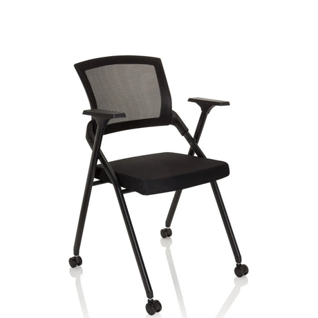 Schwarzer Klappstuhl PRIORITY II mit Netzrückenlehne, Armlehnen und Rollen von hjh OFFICE