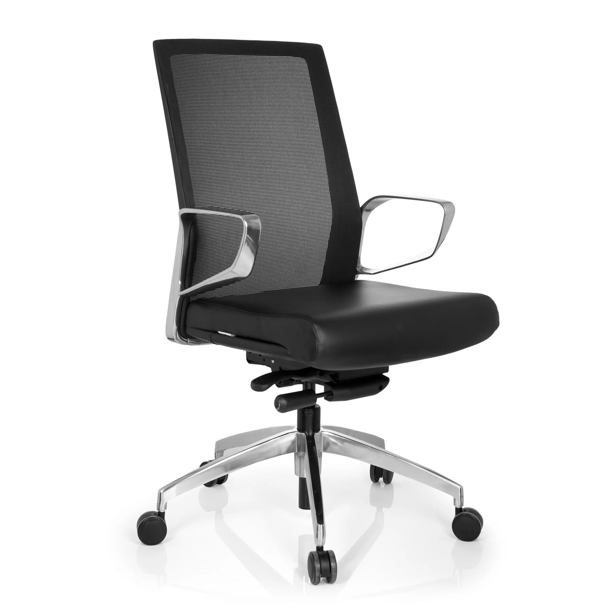 Black Professional Office Chair PROVIDER NET with mesh back and five-caster base by hjh OFFICE – 360-degree view (front three-quarter view 40°)