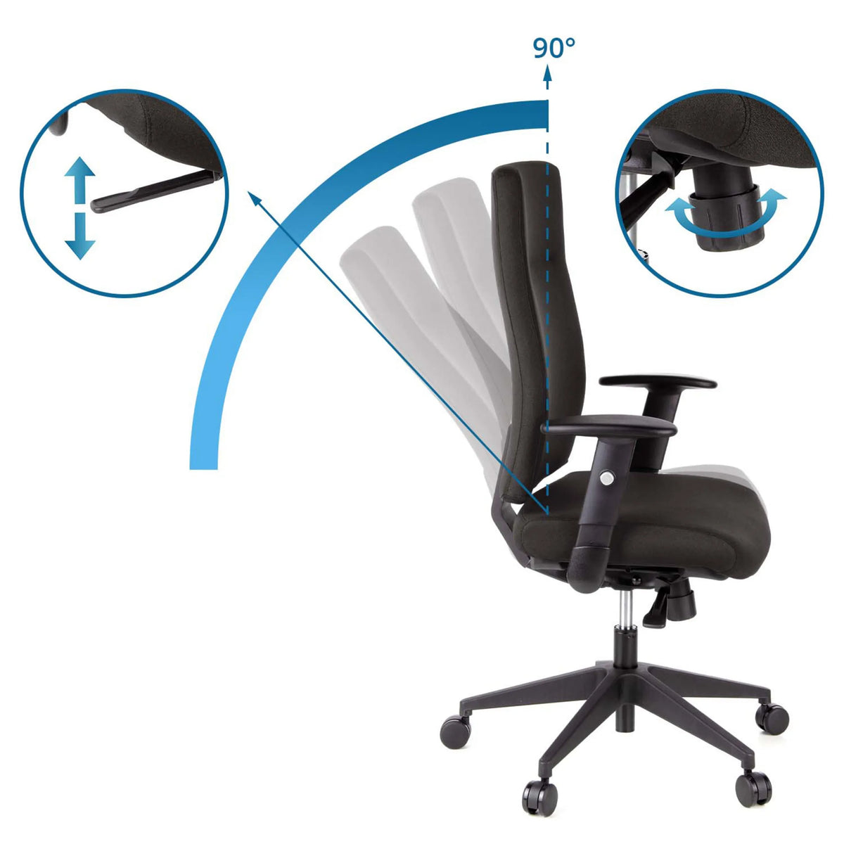 Adjustable backrest with 90° position of the PRO-TEC 300 Professional Office Chair in black by hjh OFFICE