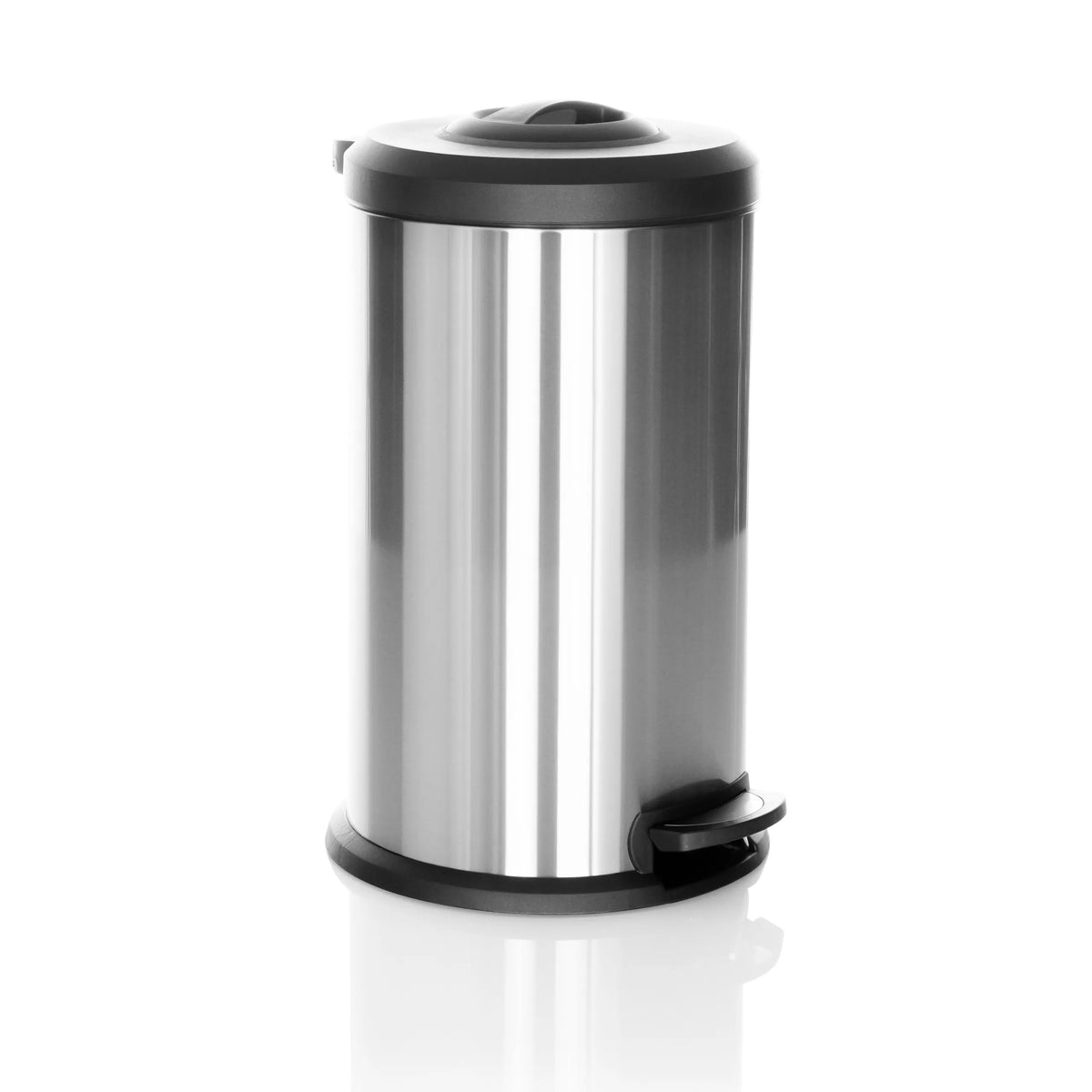 Silver Wastepaper CLEAN X with black lid and foot pedal by hjh OFFICE – 360-degree view (front three-quarter view 45°)