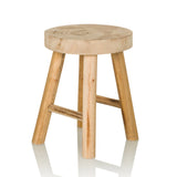 Brown wooden stool RUSTIKO W with round seat and crossbars by hjh LIVING – 360-degree view (front three-quarter view 45°)