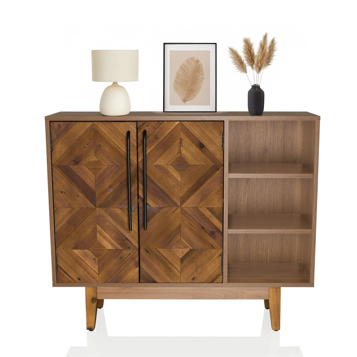 Chest of drawers SANTJAGO WOOD L in dark wood look with two doors, black handles and open shelf by hjh LIVING