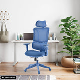 Blue Ergomy Colore home office chair with mesh backrest and headrest by MyBuero (AI-generated image)