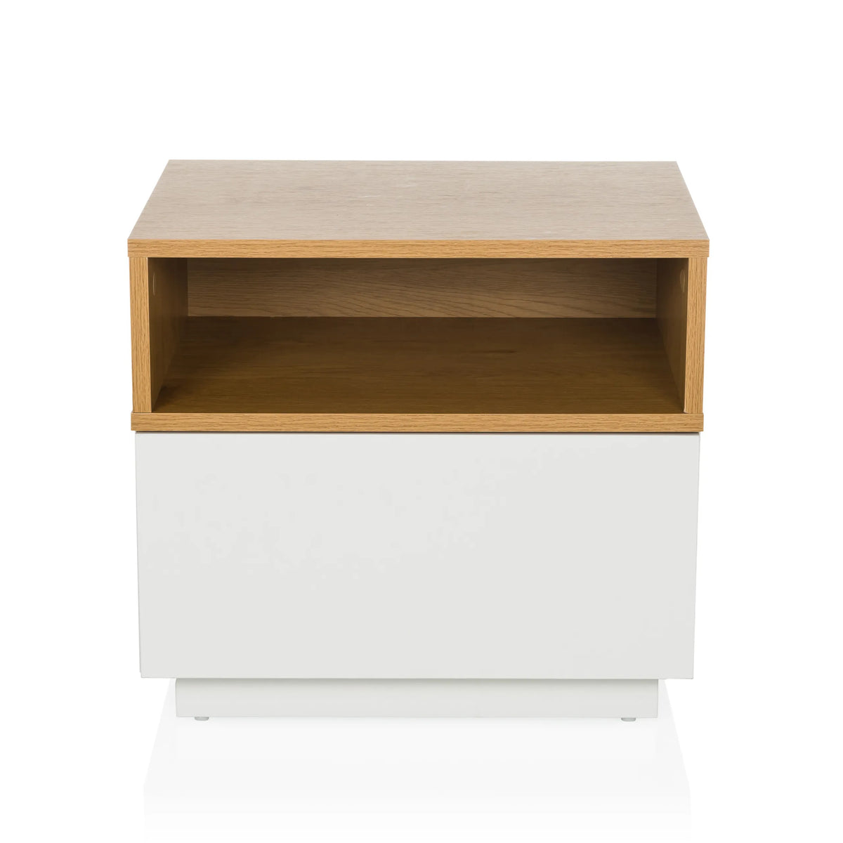 White Side table MELMO with a shelf in oak effect by hjh LIVING – 360-degree view (front view 0°)