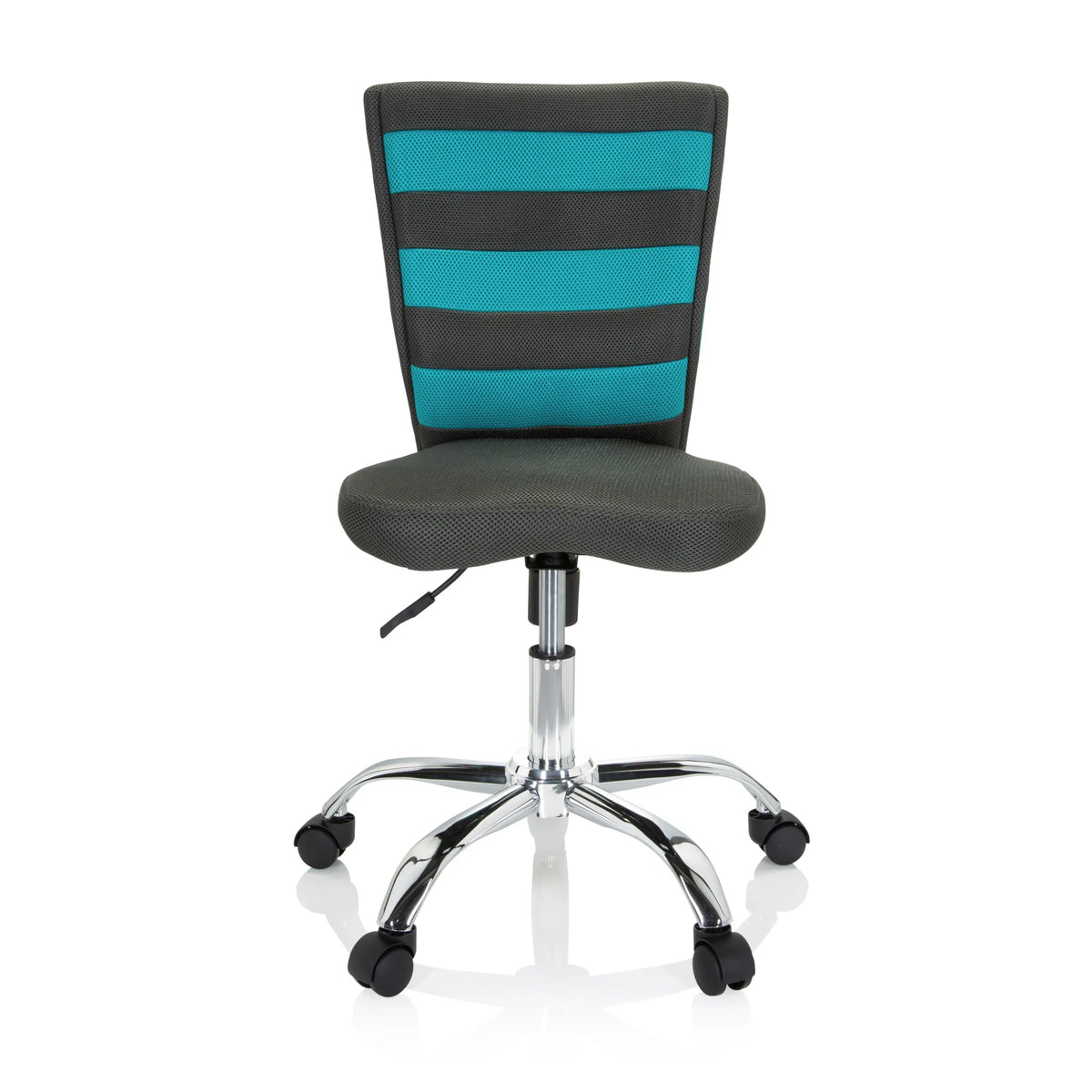 Grey KIDDY COMFORT I swivel chair for children with turquoise stripes in the mesh back and a five-caster base by hjh OFFICE – 360-degree view (front view 0°)