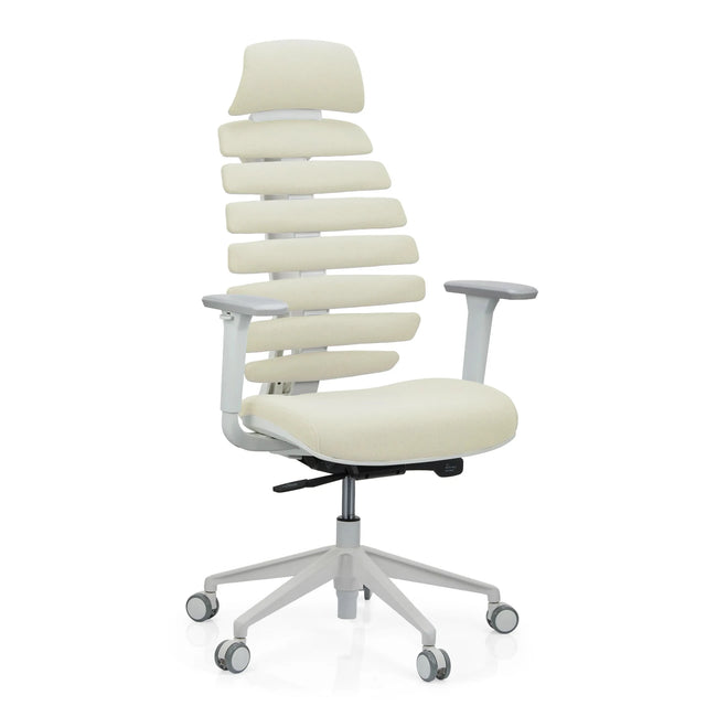Professional Office Chair ERGO LINE W in Salted Caramel with beige fabric upholstery and white frame by hjh OFFICE