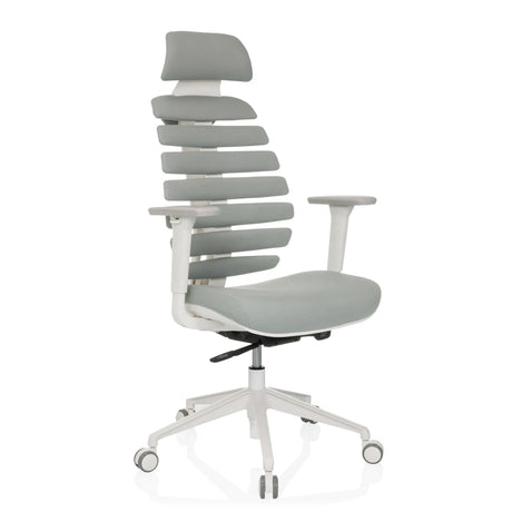 Professional Office Chair ERGO LINE W with grey fabric upholstery, segmented backrest and white frame by hjh OFFICE