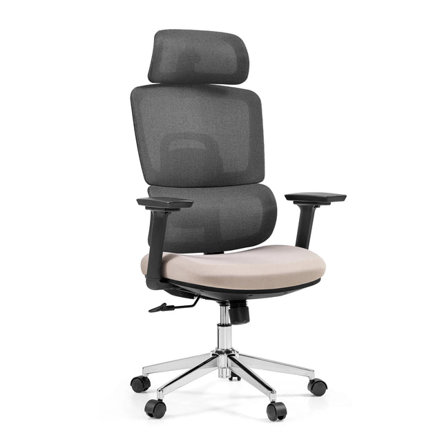 Professional Office Chair Ergomy Pro with dark grey mesh back, beige fabric seat and headrest by hjh OFFICE