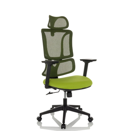 Home Office Chair ERGOMY with green fabric seat, mesh backrest and black frame by MyBuero