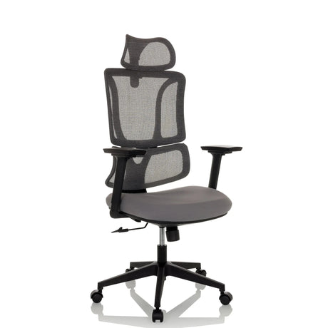 Home Office Chair ERGOMY with grey mesh cover, black frame and headrest by MyBuero