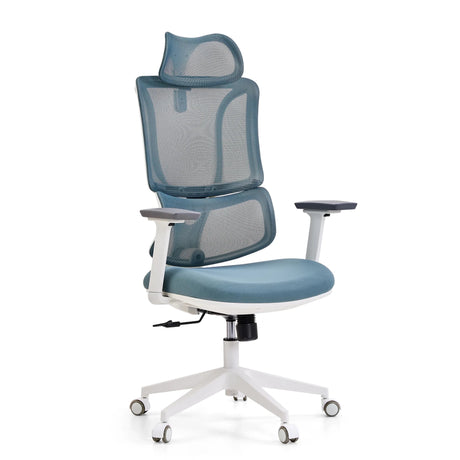 Professional Office Chair ERGOMY W with blue mesh cover, white frame and headrest by MyBuero