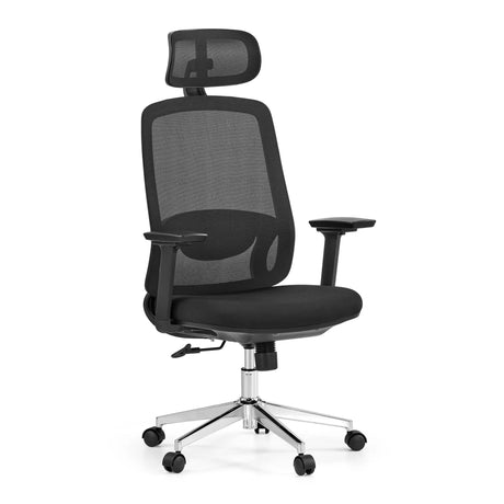 Professional Office Chair Ergosento in black with mesh backrest, headrest and glossy base by hjh OFFICE