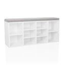 White Shoe Cabinet ESTHA 10 with grey seat pad and several open storage compartments by hjh LIVING