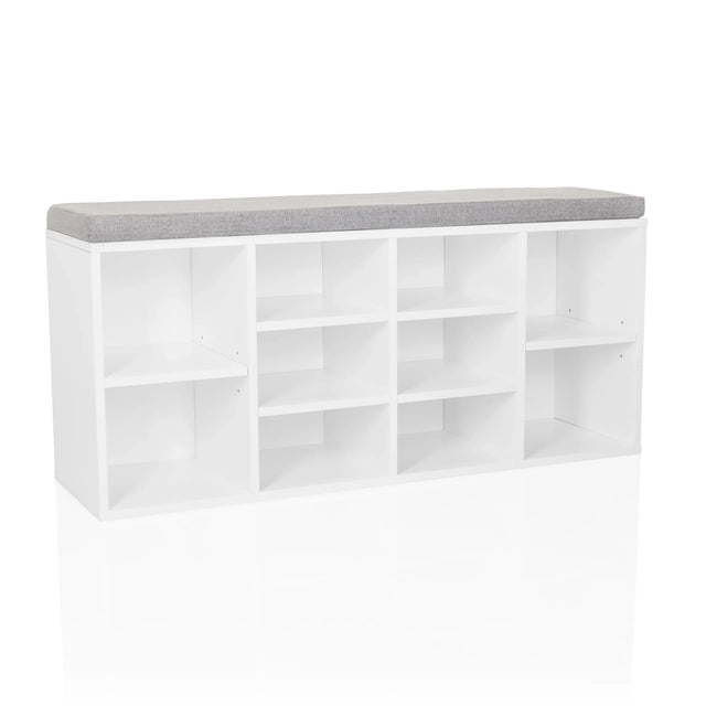 White Shoe Cabinet ESTHA 10 with grey seat pad and several open storage compartments by hjh LIVING