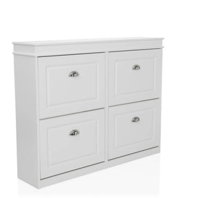 White Shoe Cabinet ESTHA 4 with four drop-down compartments and silver-coloured handles by hjh LIVING