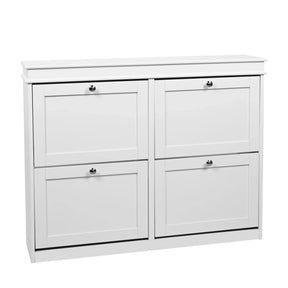 White Shoe Cabinet Estha 40 with four drop-down compartments and silver handles by hjh LIVING