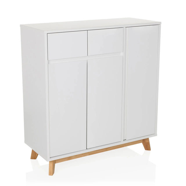 White Chest of drawers ESTHA with two drawers, three doors and light wood legs by hjh LIVING
