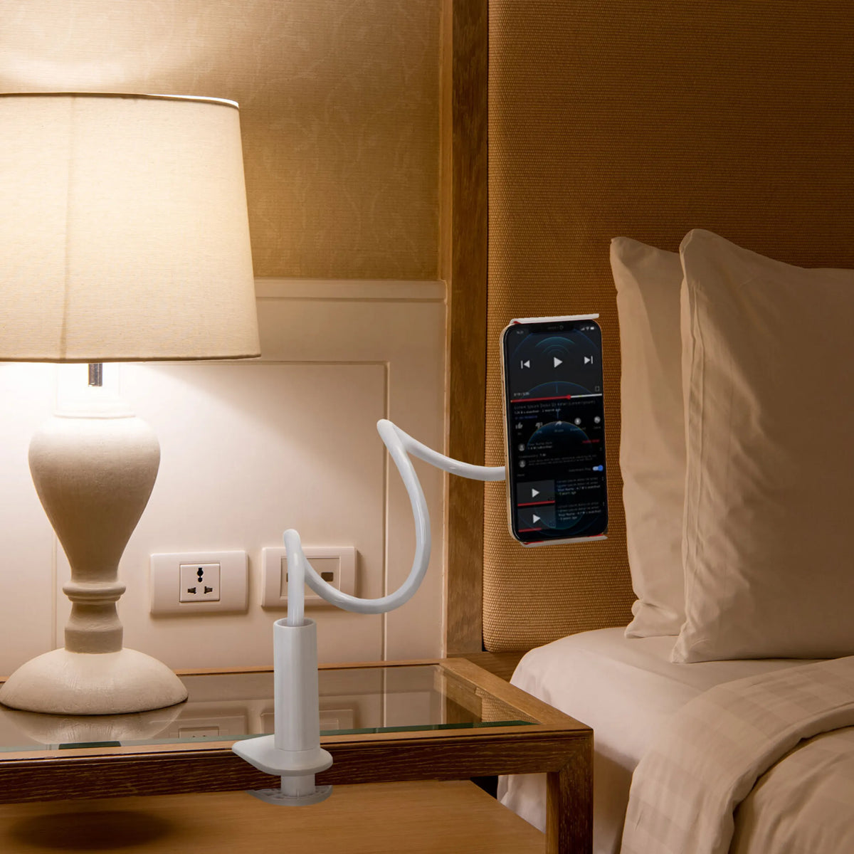 White FLEXMOBI I mobile phone & tablet holder with flexible gooseneck arm on a bedside table by hjh OFFICE