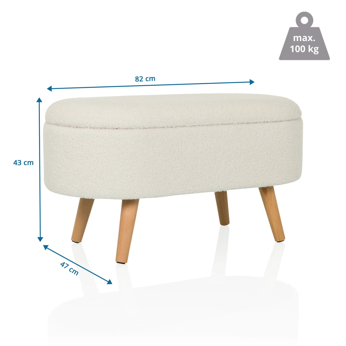 Dimensional drawing of the STORIANO bench, 82 × 43 cm, maximum load 100 kg, by hjh LIVING
