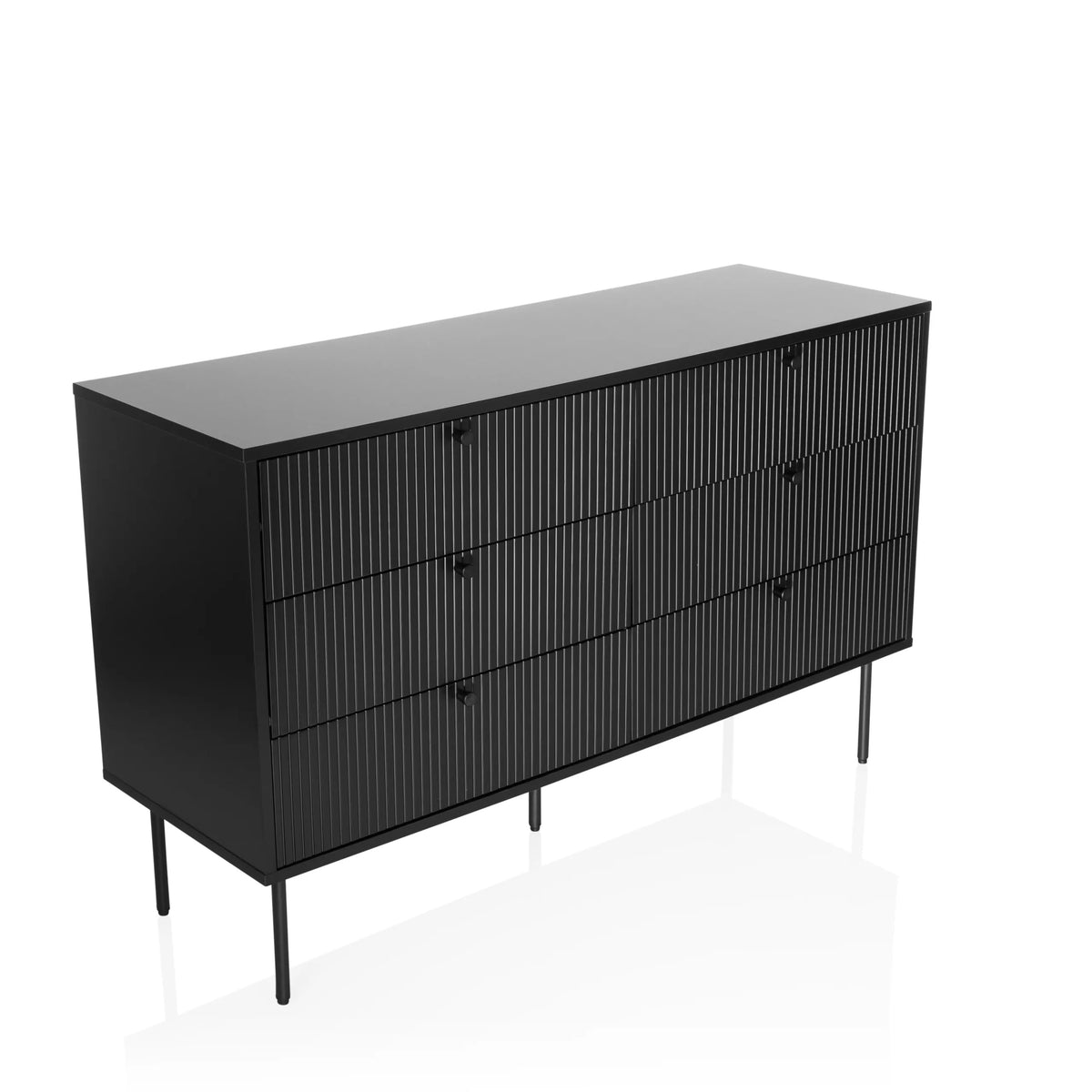 Black Sideboard KARBY S with vertically ribbed fronts and six knob handles by hjh LIVING – 360-degree view (front three-quarter view 30°)