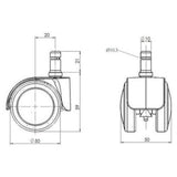 Technical drawing of the 50 mm diameter Castors 5x ROLO LUX 10mm/50mm by hjh OFFICE