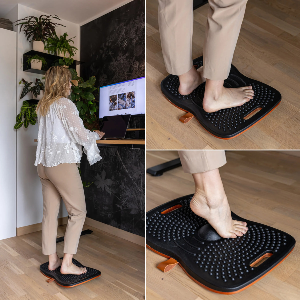 Black ACTIV balance board with nub structure and orange edge in use at a standing desk by hjh OFFICE
