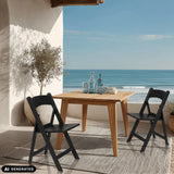 Two black TRAVANO 1 outdoor chairs at a wooden table on a terrace by hjh LIVING (AI-generated image)
