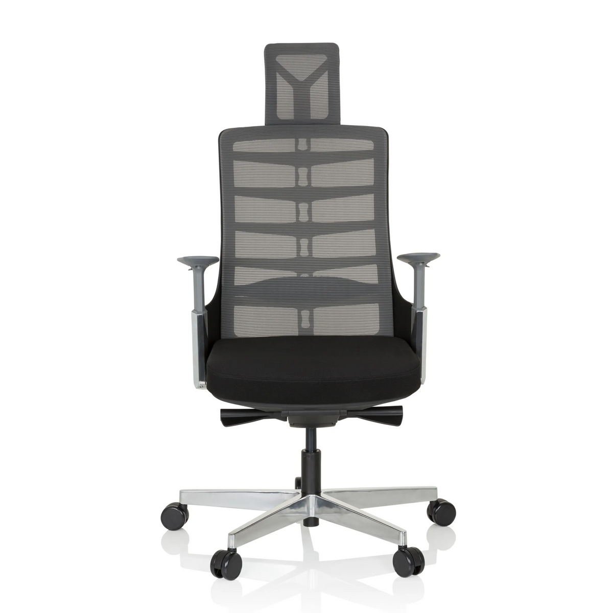 Black-grey High End Office Chair SKARIF with mesh back and five-caster base by hjh OFFICE – 360-degree view (front view 0°)